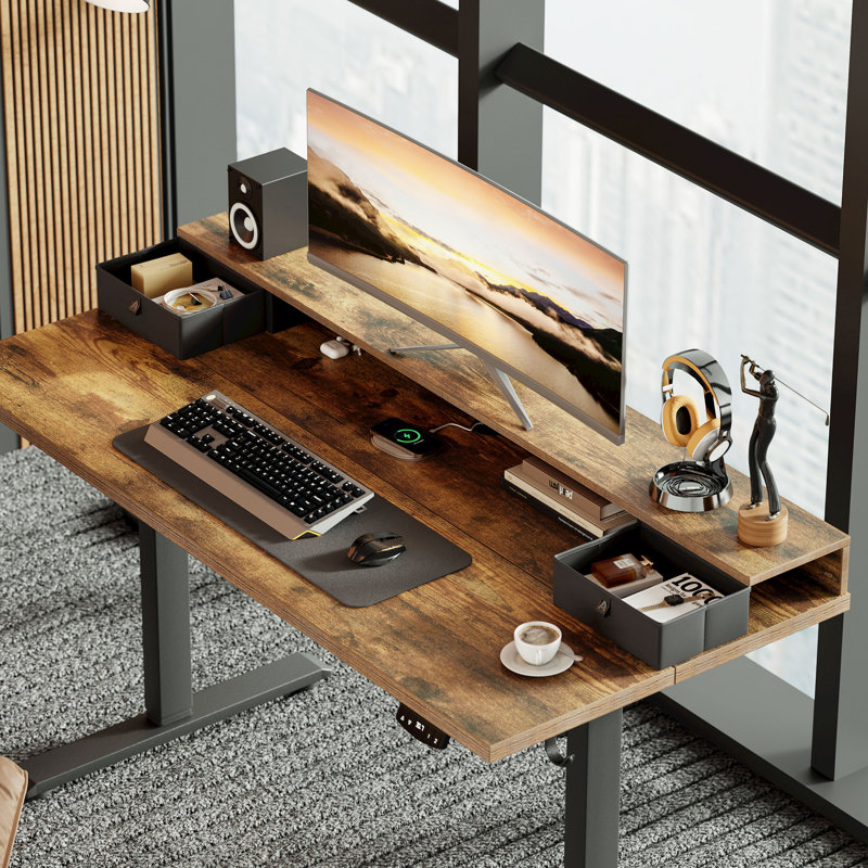 Electric Standing Desk With Drawers,Home Office Height Adjustable  Desk with Large Monitor Shelf, BlackRustic Brown