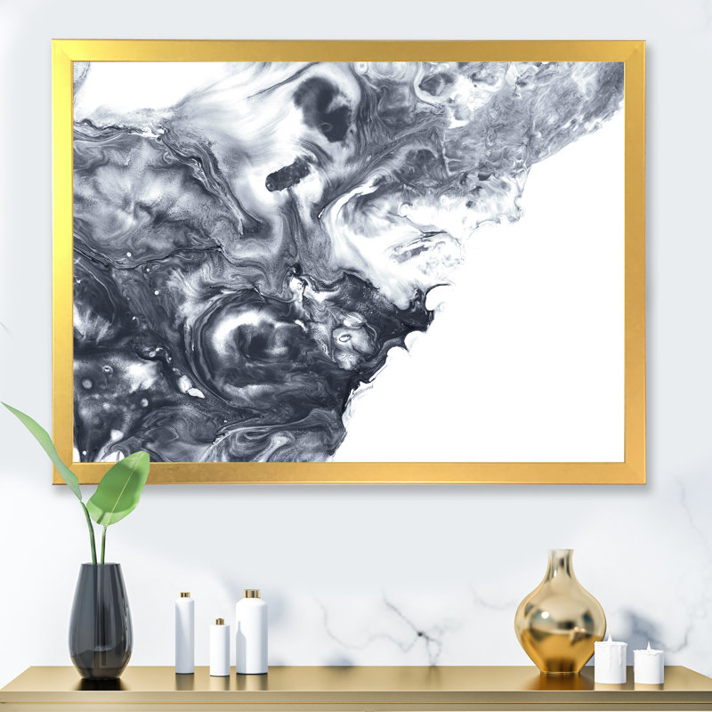 Noir et blanc, argent liquide abstrait I - peinture sur toile, H 12 po x l 20 po x P 1 po, Cadre doré