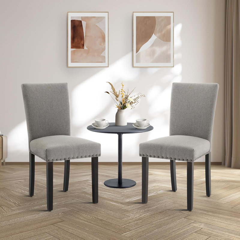 Upholstered Dining Chairs, Fabric Room Chair With Nailhead Trim And Sturdy Wood Legs, Gray