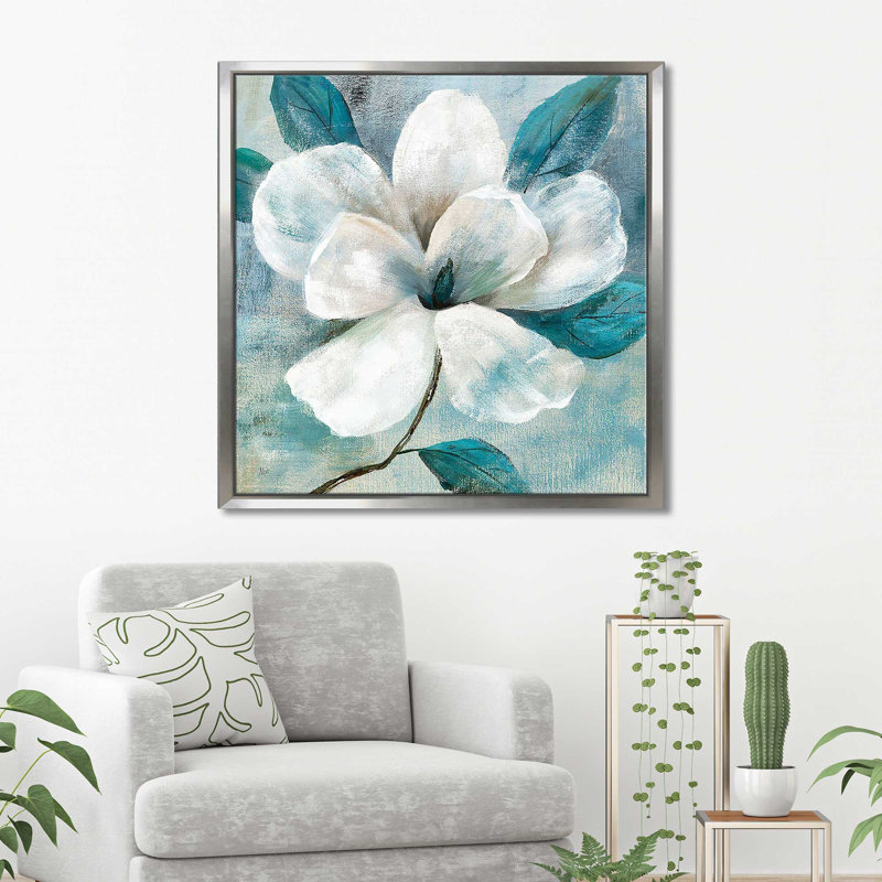 Sarcelle Magnolia I (carré) par Nan Print, Cadre flottant argent, H 27,5 po x l 27,5 po x P 2 po
