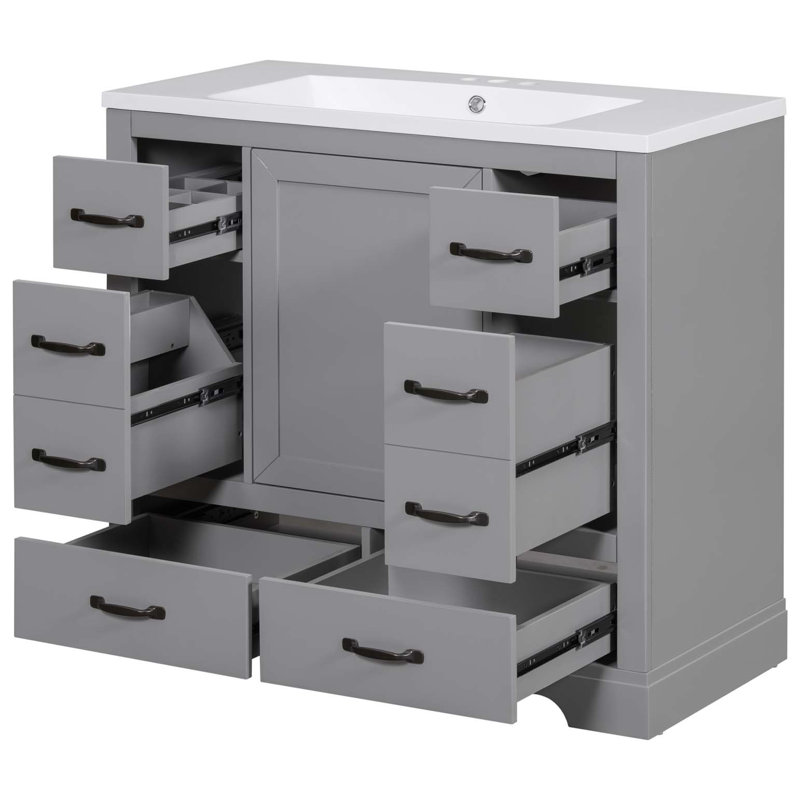 Ensemble de meuble-lavabo 36 po avec lavabo, six tiroirs, diviseur de tiroir multifonctionnel, tablette réglable, Gris