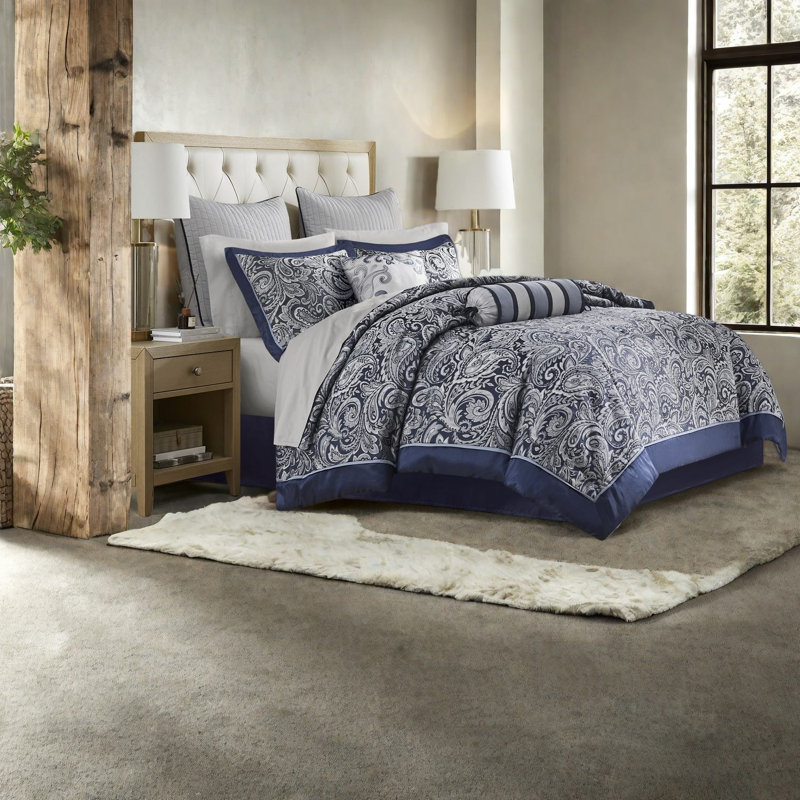 Ensembles de literie luxueux avec édredon en coton bleu marine pour la maison