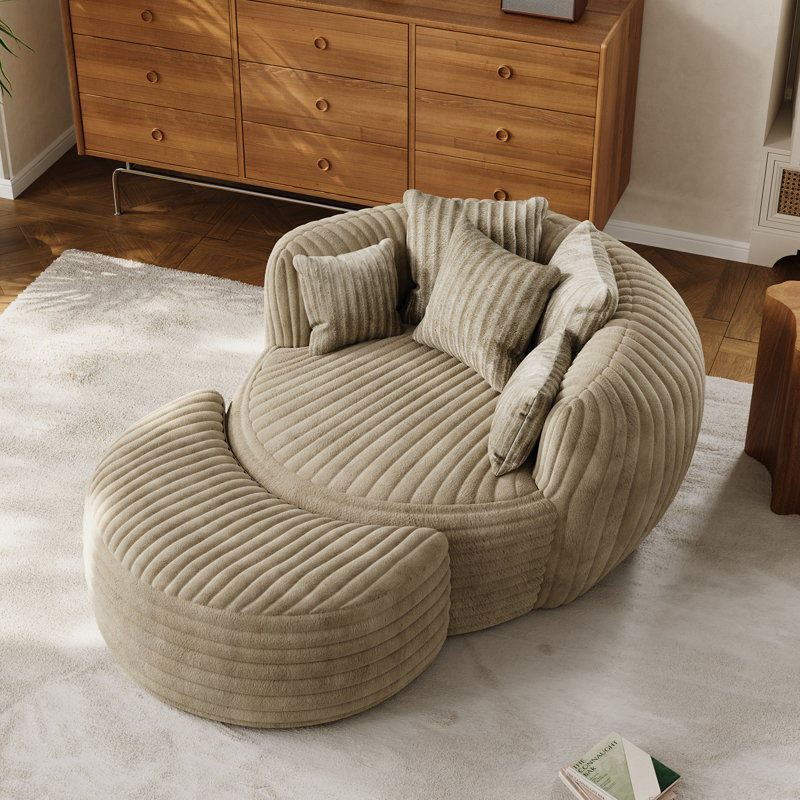Corduroy Round Accent Chair with Crescent Ottoman Compression Chaise Lounge Chair, Light Brown