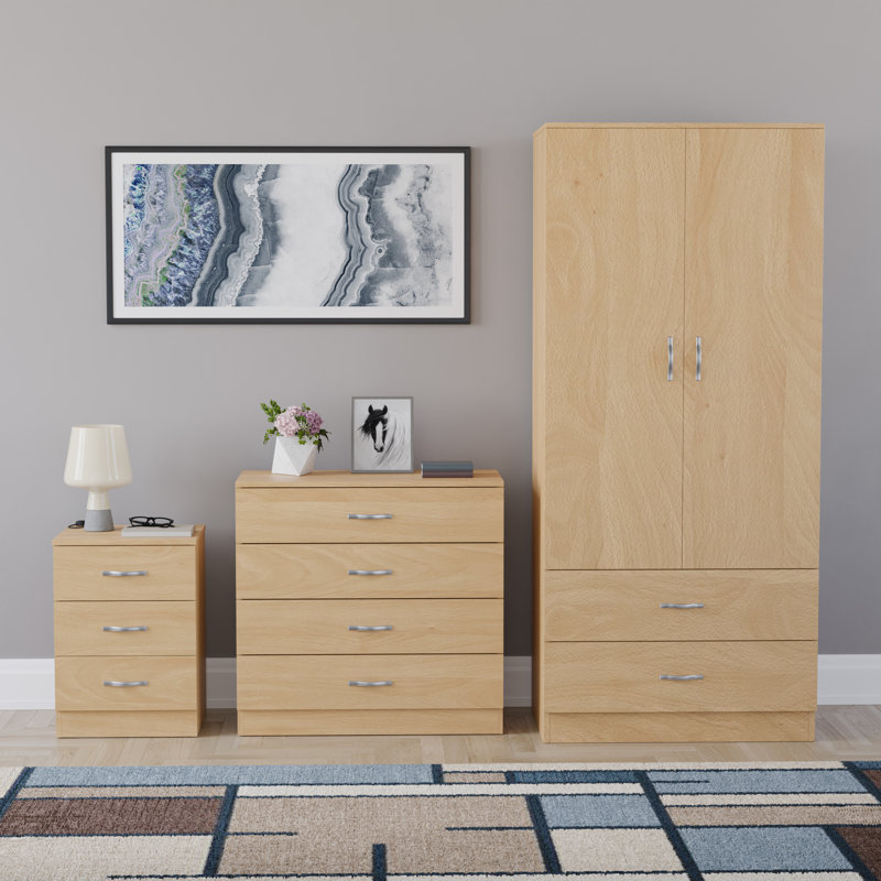 Maybery 3 Piece Bedroom Set (3 Drawer Bedside Chest, 4 Drawer Chest, 2 Door 2 Drawer Wardrobe), (4), Pine