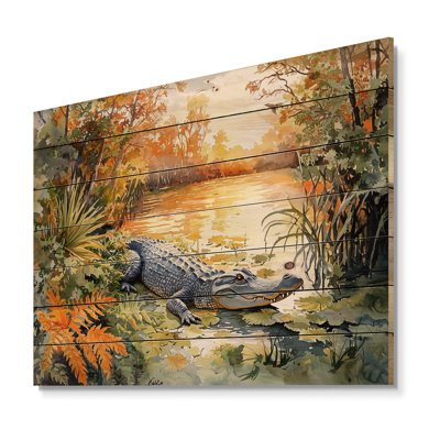 «Swamp Life Of Crocodile I» - Art mural moderne en bois sur bois de pin naturel