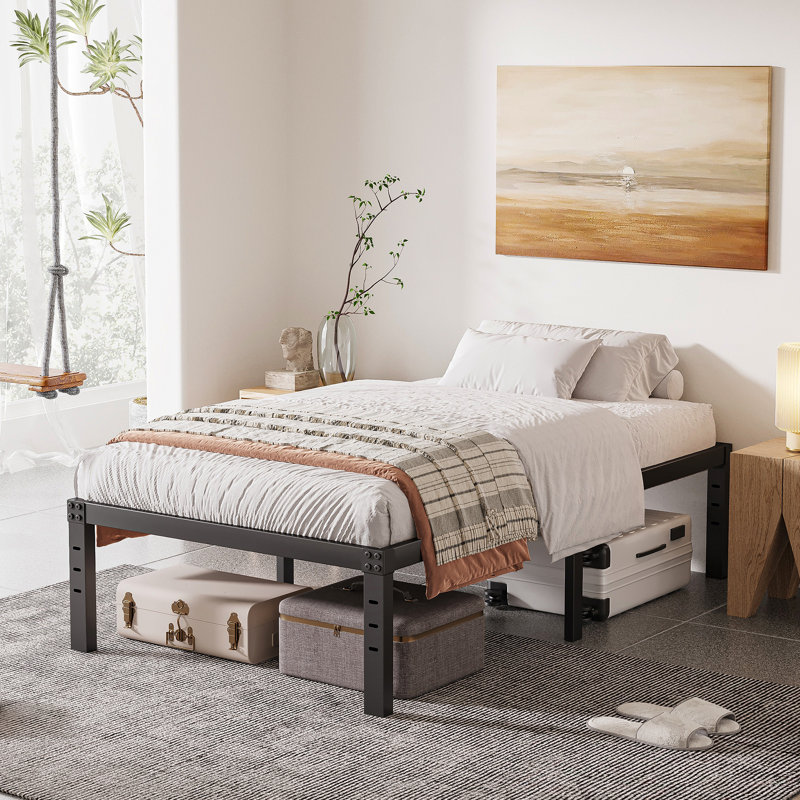 Marple 16 Inch Metal Platform Bed Frame with Wood Slat Support, Heavy Duty Mattress Foundation, Noise Free, Extra Long Twin