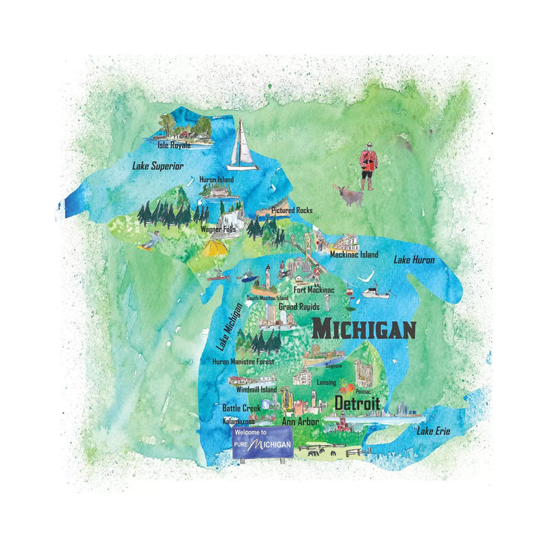 USA, Michigan Illustrated Travel Poster by Markus & Martina Bleichner - Wrapped Canvas Print, 30.48 cm H x 30.48 cm W