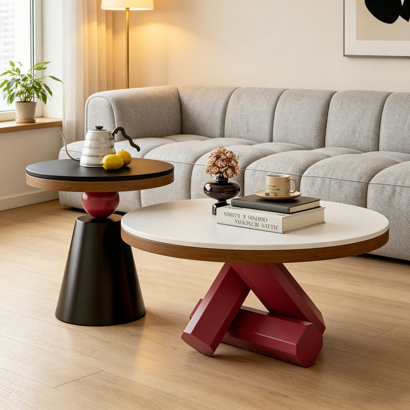 Ensemble de table basse ronde de luxe moderne, piètement géométrique en croix artistique avec plateau en pierre frittée