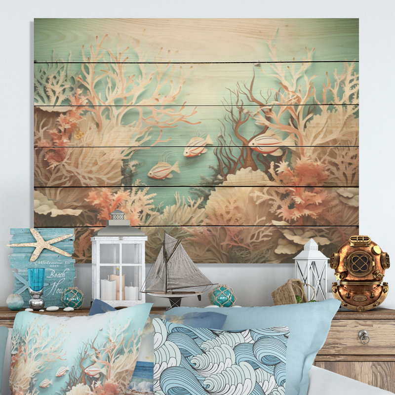 Aquarelle, poisson, danse, collage, corail sous l'eau, art mural sur bois de pin naturel, H 24 po x l 32 po