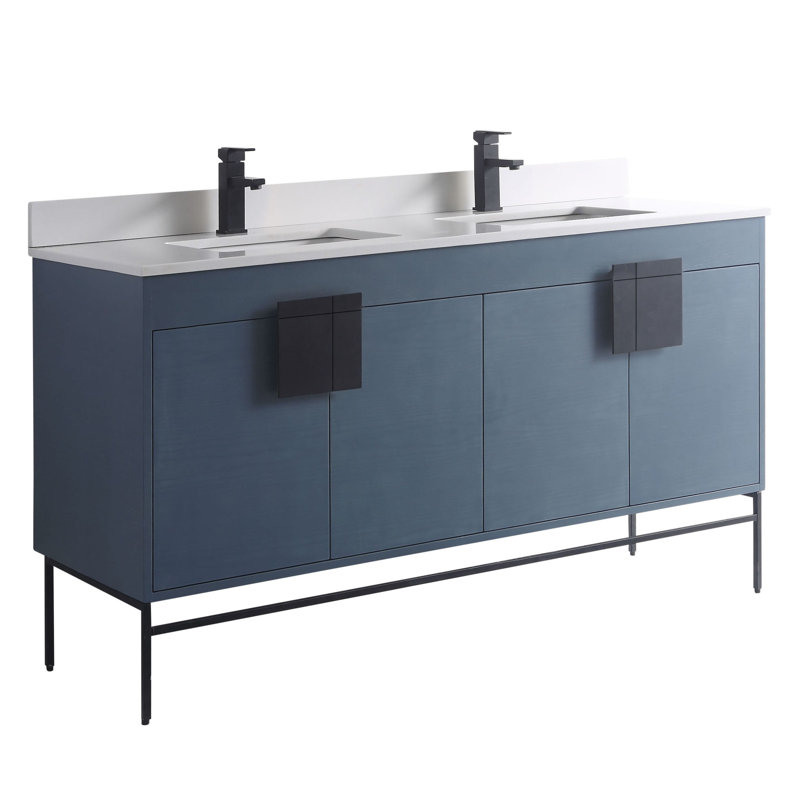 Tortola 60'' Double Bathroom Vanity with Sintered Stone Top, Black Matte, French Blue