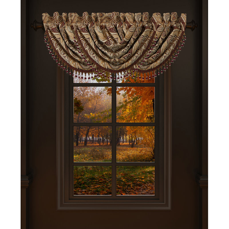 Standard Crimson and Gold Polyester Waterfall Valance with Tassel Fringe