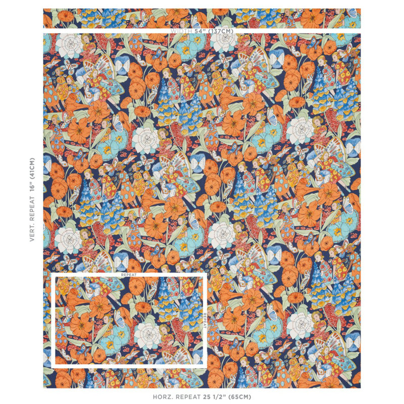 Tissu de jardin Schumacher x Clements Ribeiro, Orange / bleu marine