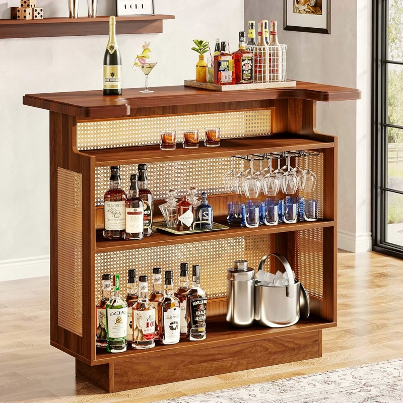 47.24 Inches Farmhouse Caramel Brown Rattan Home Bar Unit, 4-Tier Liquor Cabinet With Stemware Racks For Living Room