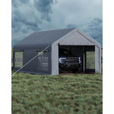 12 x 20 FT Portable Carport, PE Tarp Canopy, 2 Roll-Up Doors, 4 Windows, Garage Shed Event Shelter, Gray