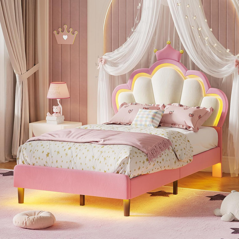 Bed Frame With Led Lights, Girls Full Bed With Princess Crown, Led Velvet Upholstered Platform Bed Frame With Adjustable Headboard, No Box Spring Needed