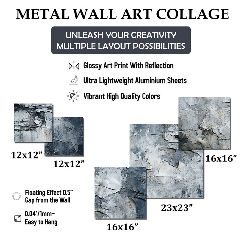 Abstract Grey Lunar Surface I - Tachisme Square Wall Art Set Of 5