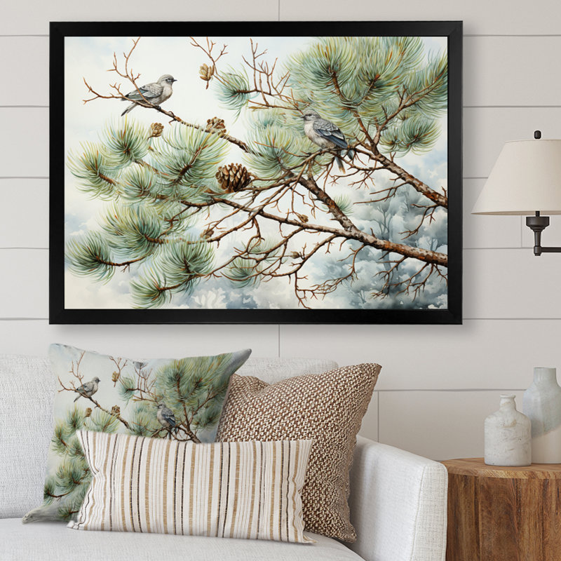 Bird On Pine Tree I On Canvas Print, 16" H x 32" W x 1" D, Black Single Picture Framed