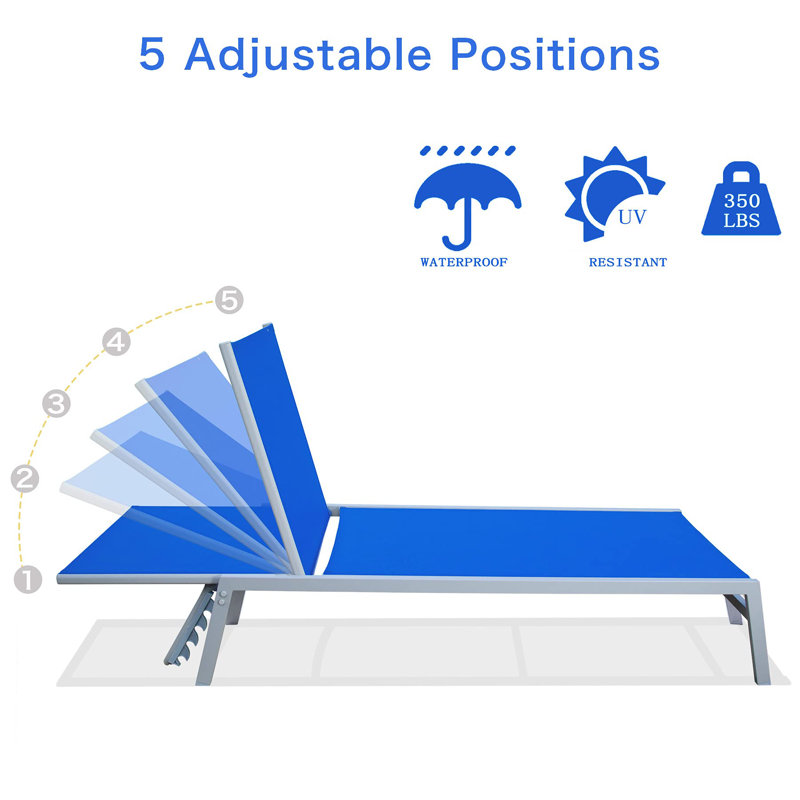 Adjustable Reclining Metal Outdoor Chaise Lounge with Table (Set of 3), Blue