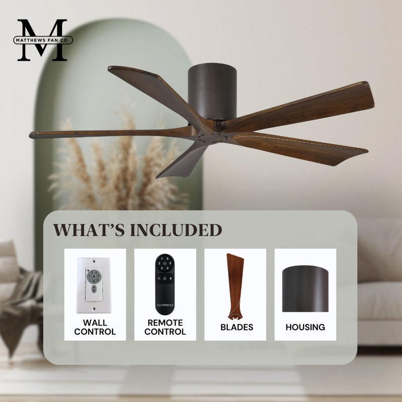 60" Irene 5-Blade Hugger Ceiling Fan with Wall Remote, Textured Bronze, 52", Walnut Tone