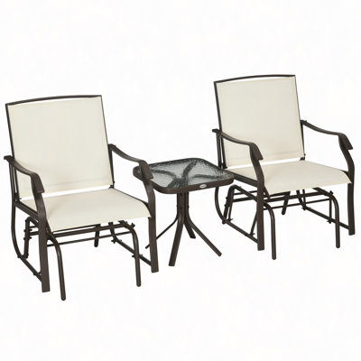 Ensemble bistro 3 pièces avec fauteuil bistro et table basse, 2 chaises berçantes de patio avec tissu respirant, plateau de table en verre, pour la cour, le jardin et le porche