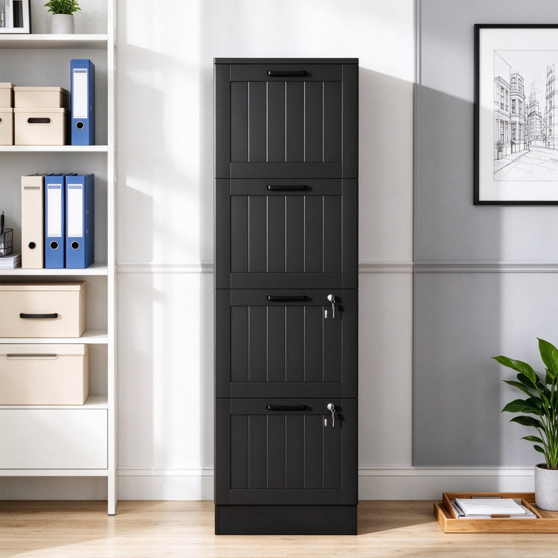 Black 4-Drawer Filing Cabinet with Lock, Adjustable Hanging Bars for A4 & Letter Files, Home Office Storage Cabinet