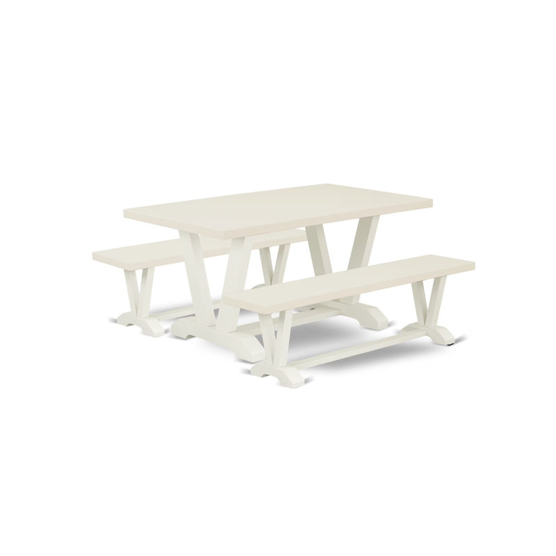 Ensemble de table 3 pièces - 1 table de salle à manger en bois et 2 banc de style Mid-Century - Fabrication stable et durable - Plateau en lin blanc et lin blanc 