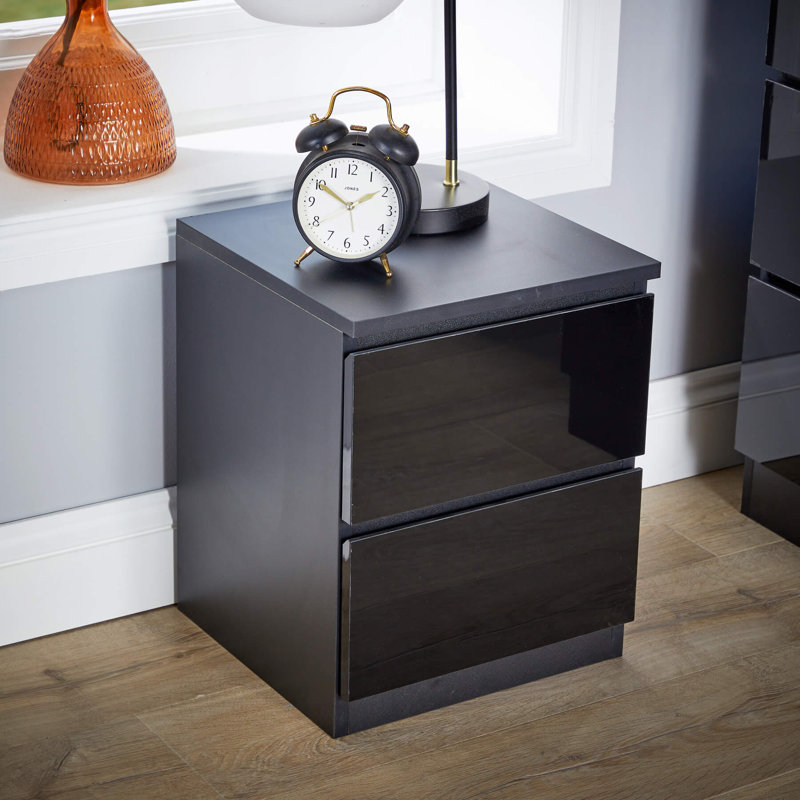 Rishin 2 Drawer High Gloss Bedside Cabinet Unit, Black
