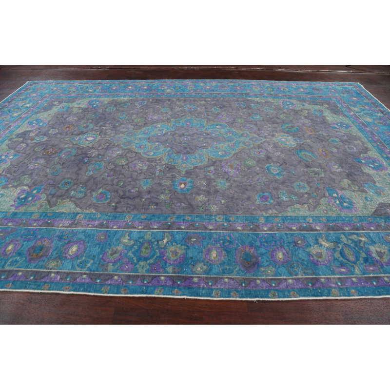 Tapis unique en laine noué à la main des années 1950 en bleu / mauve / gris