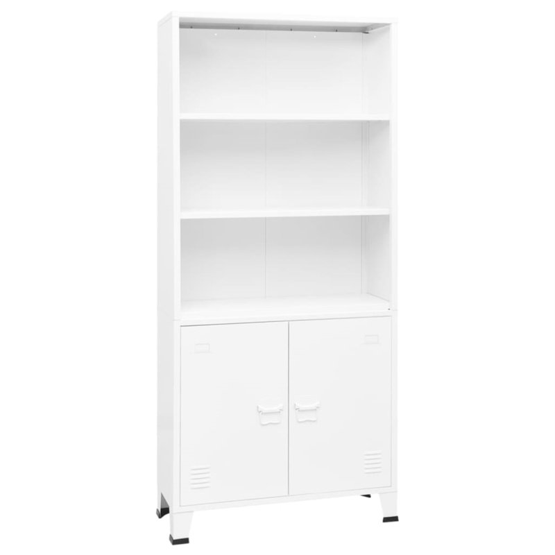 White Steel 3-Shelf Bookcase with Cabinet
