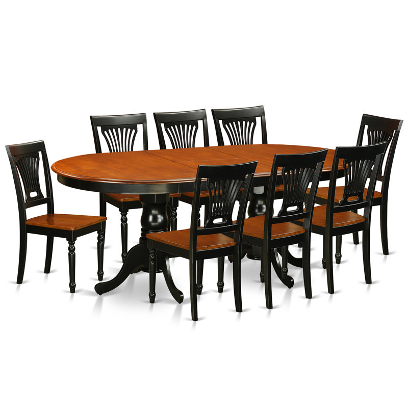Ensemble de table de cuisine 9 pièces comprenant une table de salle à manger ovale avec rallonge papillon et 8 chaises de salle à manger, noir et cerise