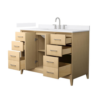 Meuble-lavabo simple 48 po Janna en chêne blanc, comptoir en marbre de culture blanc, lavabo carré encastré (3 trous), garniture en nickel brossé