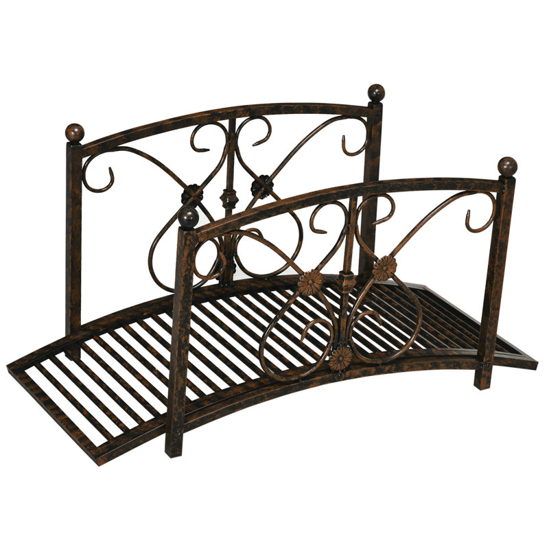 Outsunny 3.3FT Metal Arch Zen Garden Bridge with Safety Siderails, Decorative Footbridge, Delicate Floral Scrollwork for Stream, Fish Pond, Brown