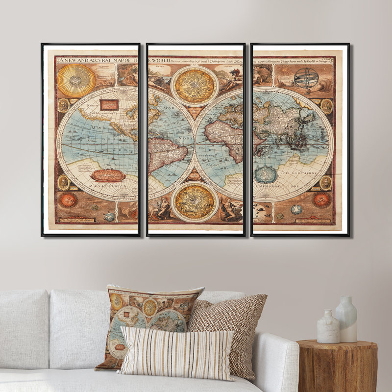 Ancienne carte du monde, impression sur toile, cadre flottant 3 pièces, Cadre noir, H 28 po x l 36 po