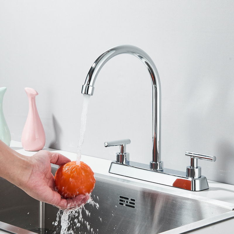 Robinet de cuisine chromé à 2 poignées, robinet d'évier en acier inoxydable avec bec pivotant à grande arche, 3 trous commerciaux modernes