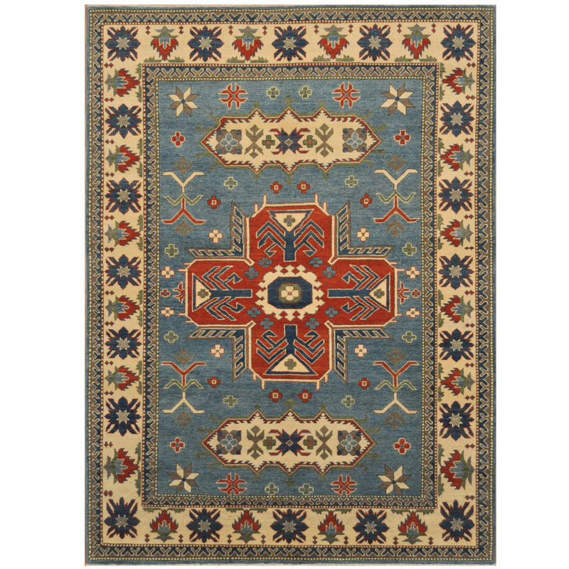 Tapis de zone en laine bleu/ivoire 6 pi 3 po x 8 pi 9 po à la main one-of-kind noué la kazak Castaneda