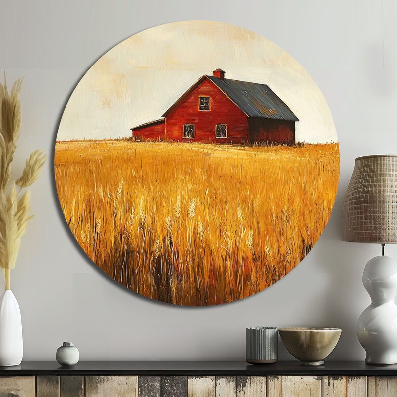 «Countryside Golden Fields By The Farmhouse I», art mural rond en métal campagne, H 29 po x l 29 po