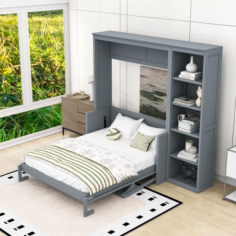Lit escamotable avec bureau et tablettes de rangement, Gris, Double