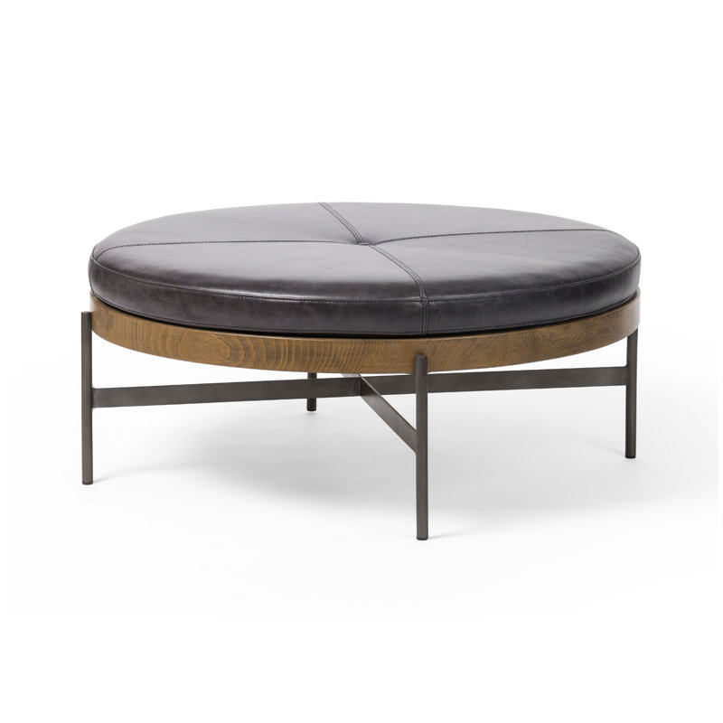 Edwyn 39" Wide Genuine Leather Tufted Round Standard Ottoman