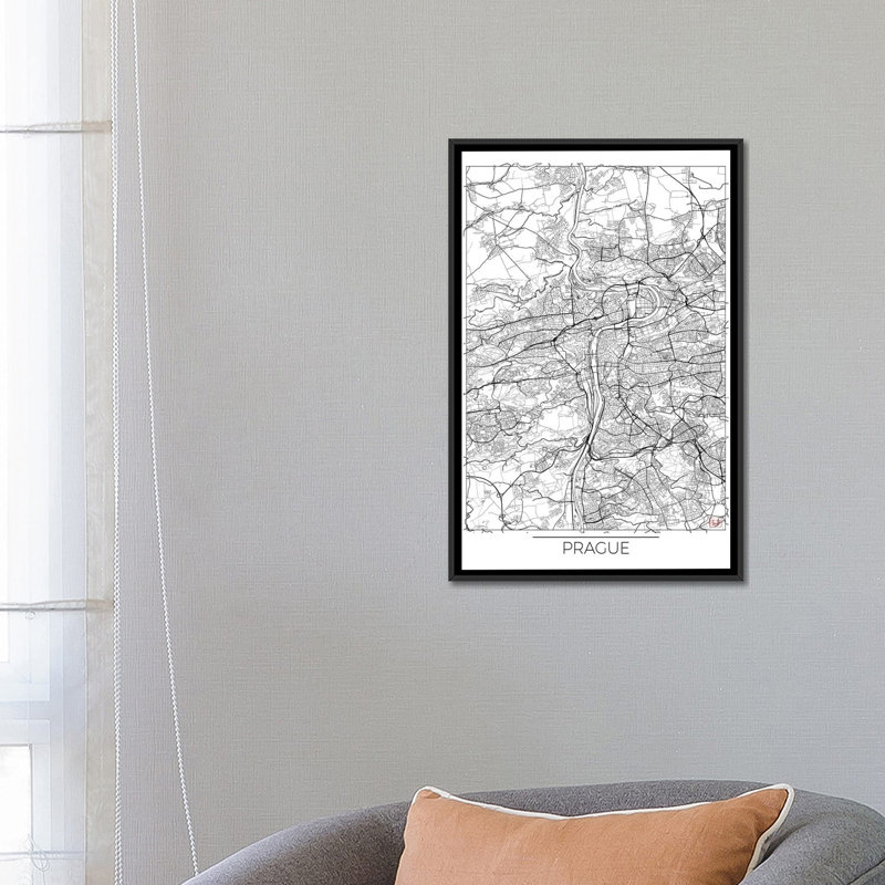 « prague minimal blueprint map », impression sur toile, H 26 po x l 18 po x P 1,5 po, Toile avec cadre noir, Pas de tapis