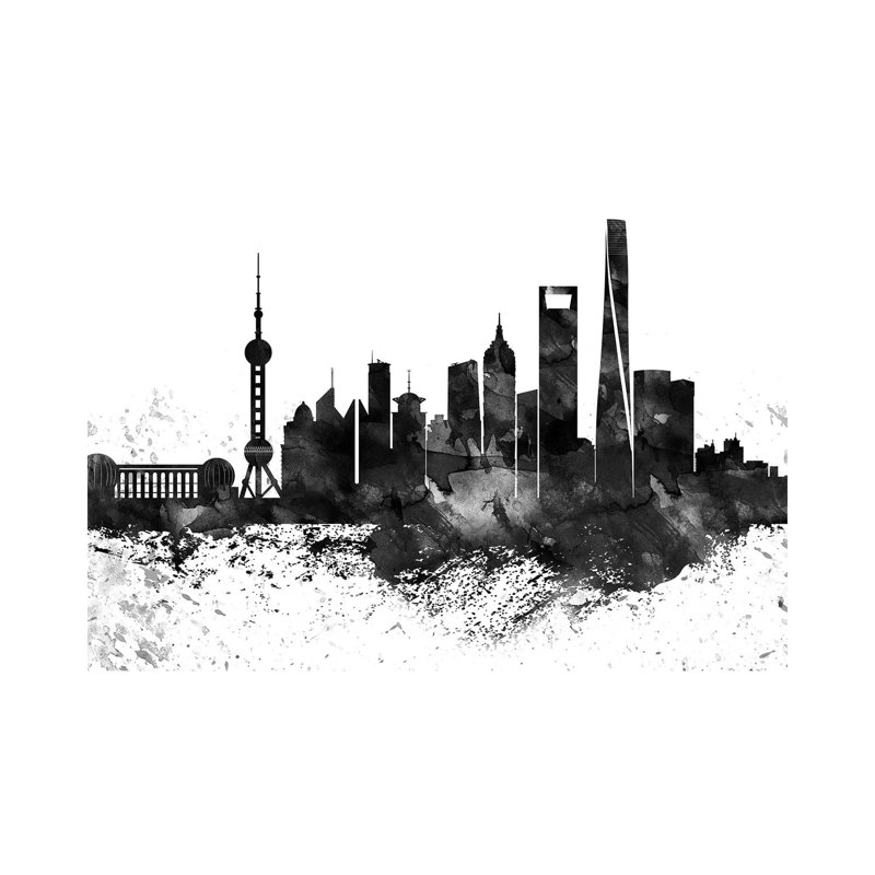 Shanghai Skyline Black & White, Drops by WallDecorAddict - Wrapped Canvas Painting, 101.6 cm H x 66.04 cm W x 1.91 cm D