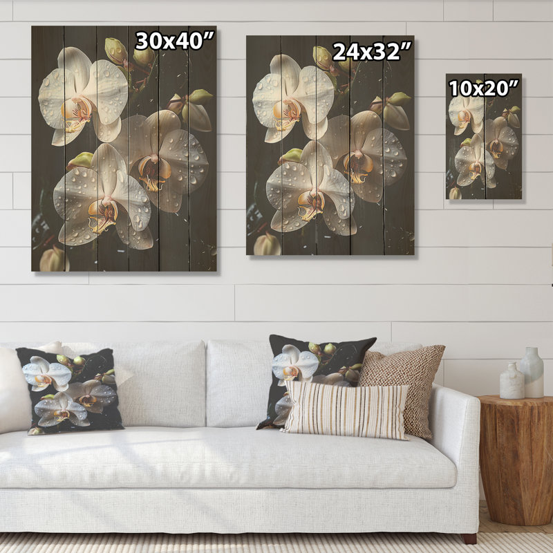 Orchidées blanches pétales d'élégance I - art en bois d'orchidées sur bois de pin naturel, H 20 po x l 10 po