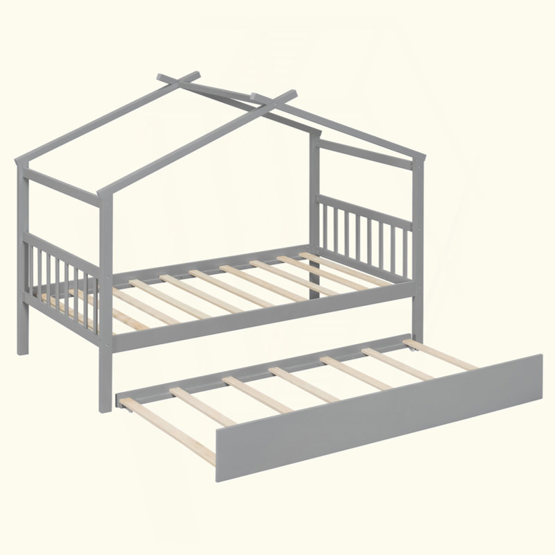 Lit en bois avec lit gigogne simple, Gris, Lit simple