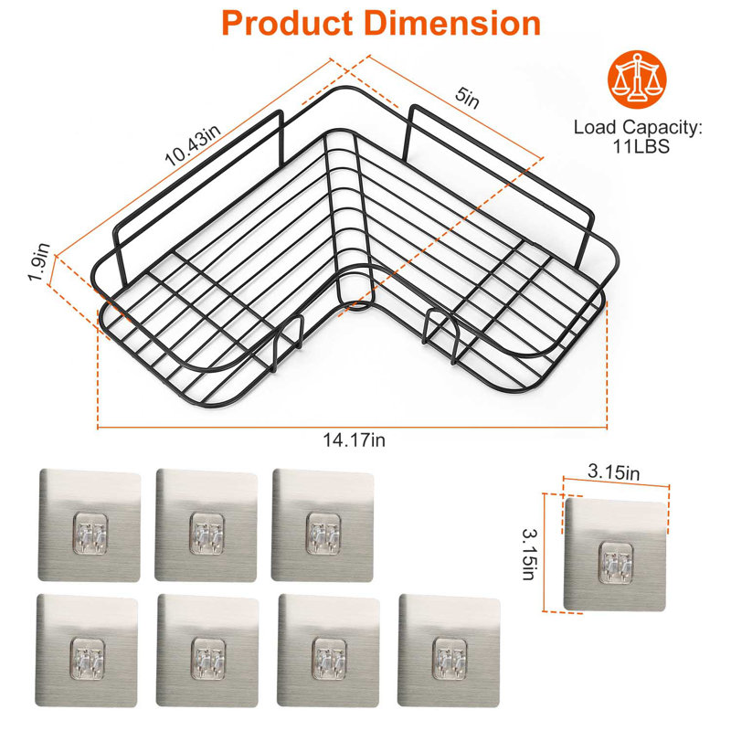  Kylis Corner Shower Caddy with 11lbs Capacity Per Shelf No-Drill Adhesive Mount Rustproof