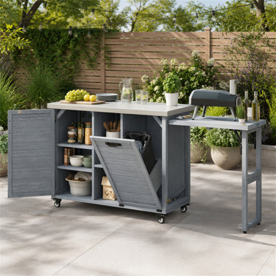 Îlot de cuisine 78,3 po avec table de barbecue pliable, chariot de barbecue en bois avec rangement pour poubelle et plateau en acier inoxydable, chariot de bar extérieur