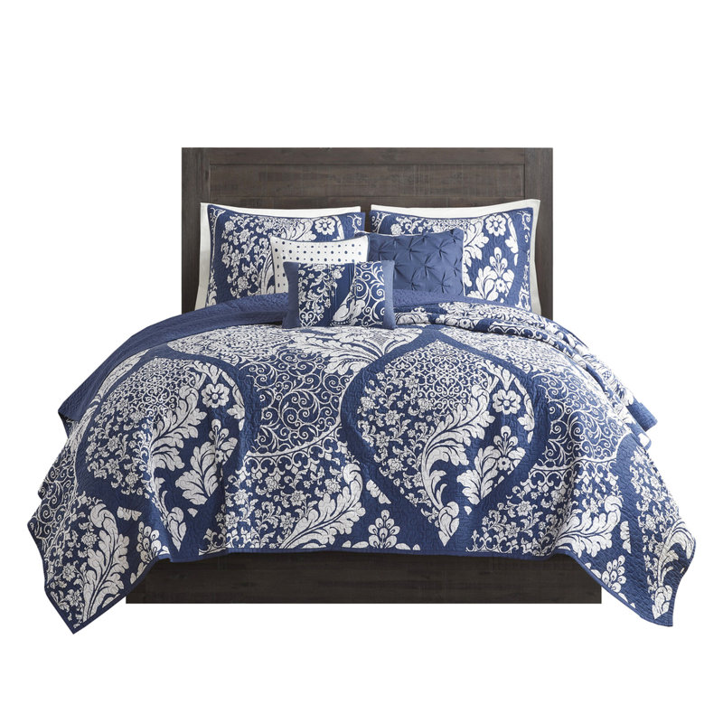 Courtepointe en coton 6 pièces avec coussins décoratifs de couleur contrastante indigo et texturé, coussins décoratifs très grand / très grand