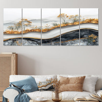 «Golden Wildflowers Crystal River Landscape I» - art mural fleurs sauvages - ensemble d'art mural traditionnel 5 pièces