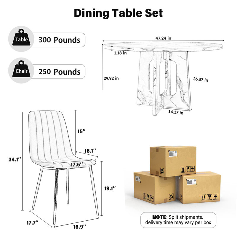 47in Round Dining Table and 6 Velvet Chairs Set,  MDF Table and Chairs with Metal Legs, Farmhouse Set for Kitchen Dining Room