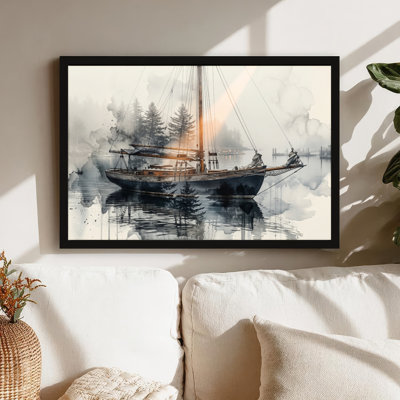 Art mural sur toile noir encadré pour le salon, la chambre à coucher, le bureau ou le vestibule - décoration murale décorative avec reflet de voilier