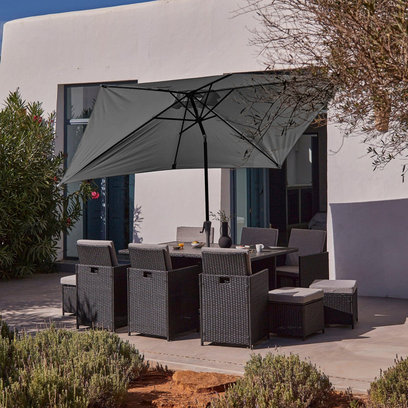 Nellwyn All Weather Wicker/Rattan 10 - Person with Cushions & Parasol, Black, Grey
