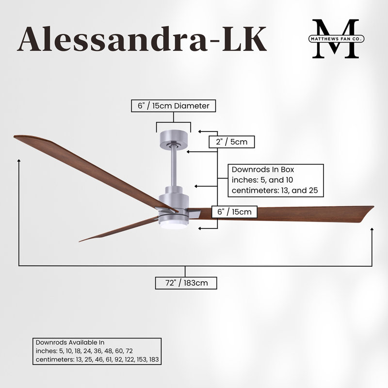 Alessandra - Three Blade Transitional Ceiling Fan -LED, Walnut, Brushed Nickel, 72"